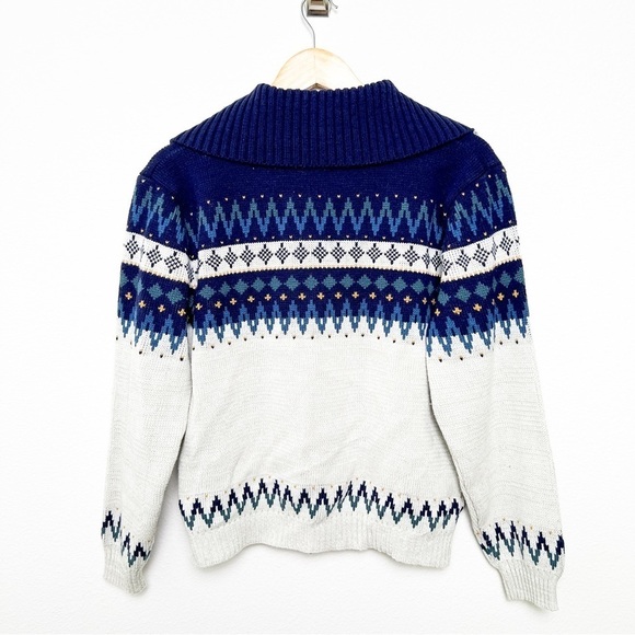 Vintage 70s unisex fair isle shawl collar cozy button up cardigan size medium - Picture 7 of 8